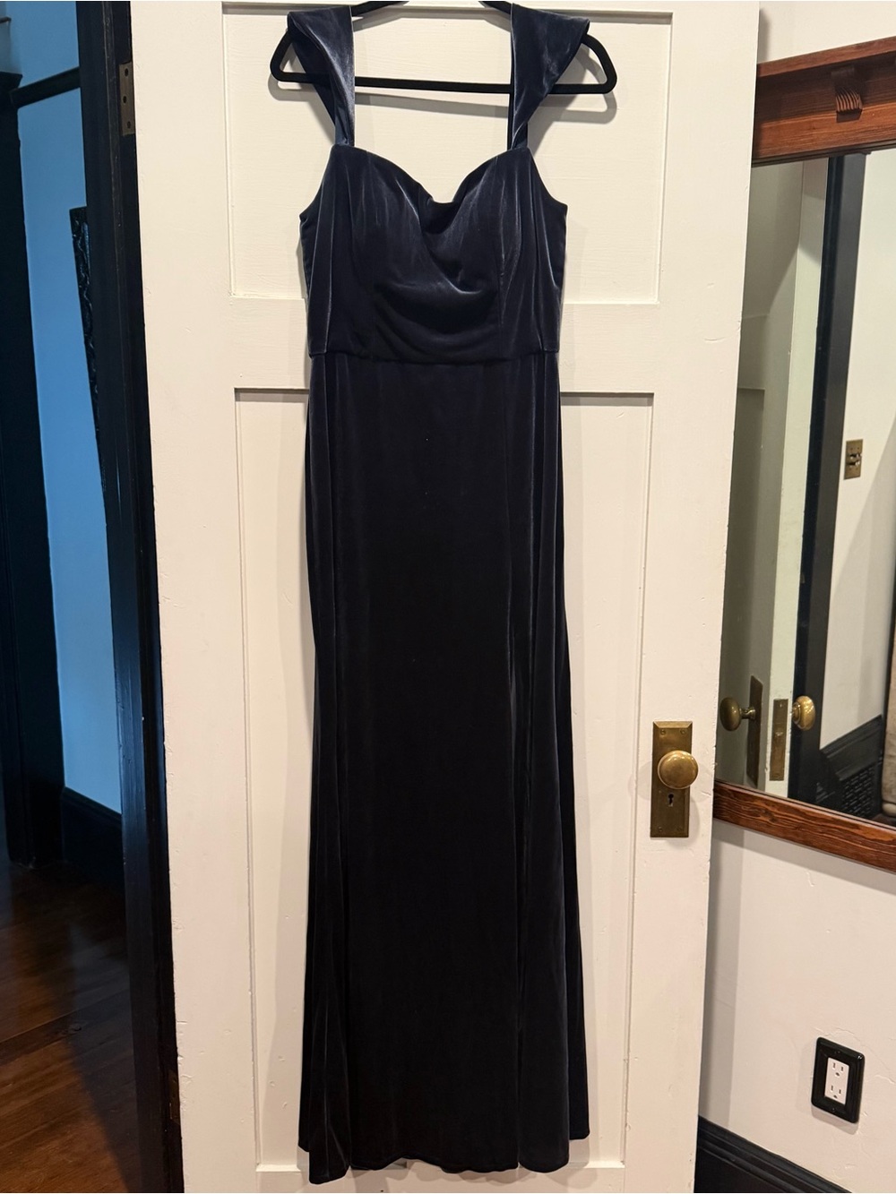 Jenny Yoo Velvet Maxi Dress with Slit in French Blue, size 14